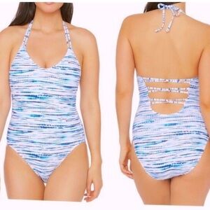 La Blanca Tidal Halter Underwire One Piece Blue and White Swimsuit Size 8